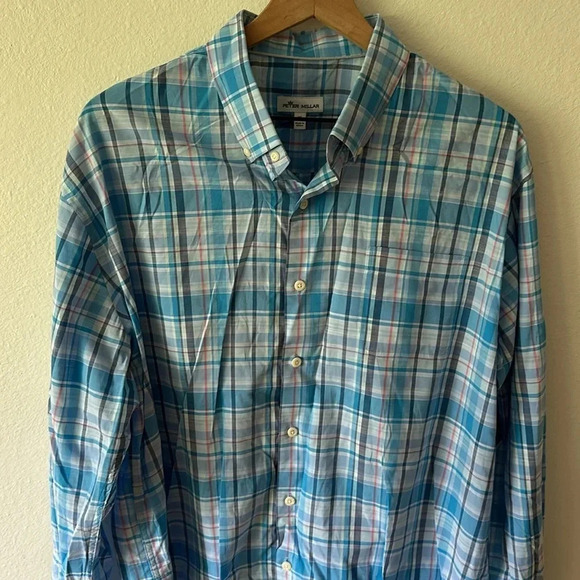 Peter Miller sz XL cotton plaid blue long sleeve button down shirt Great cond - Picture 3 of 5